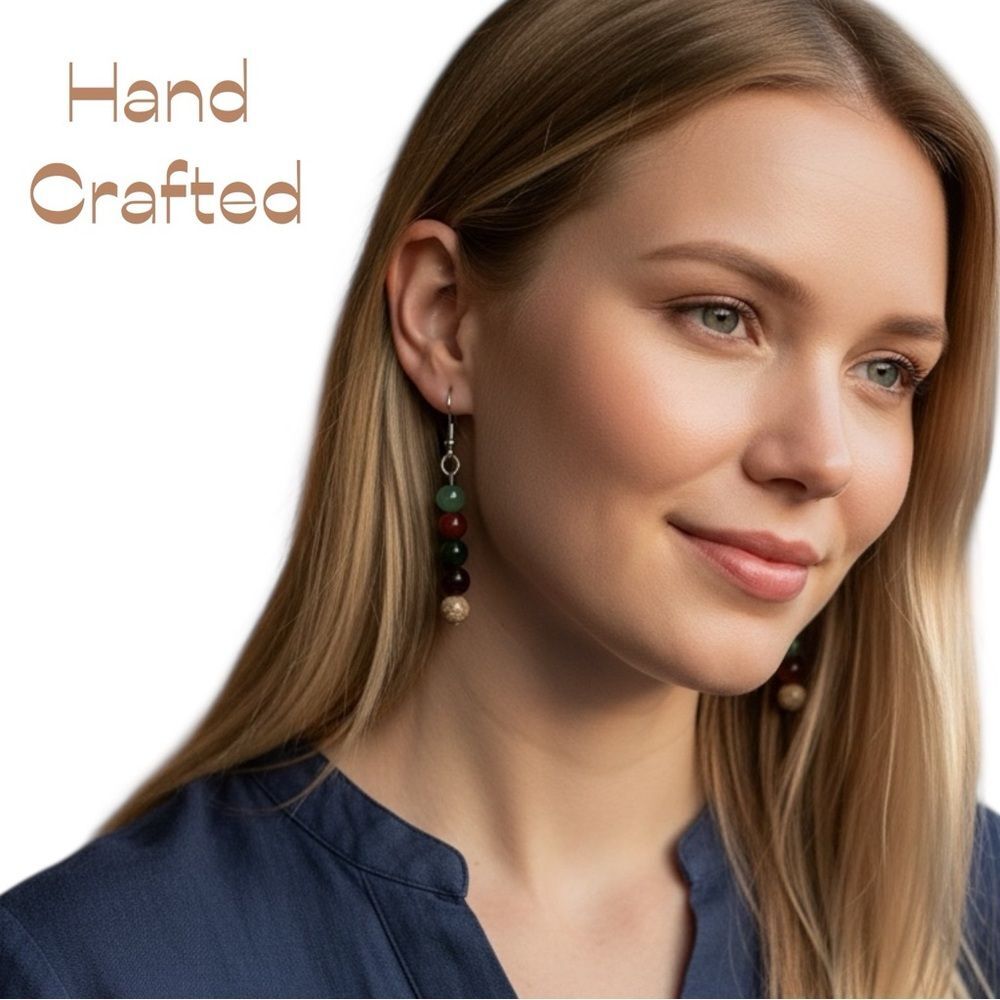 Hand Crafted Green Brown Gemstone Beads With Silver Chain Earrings NWT